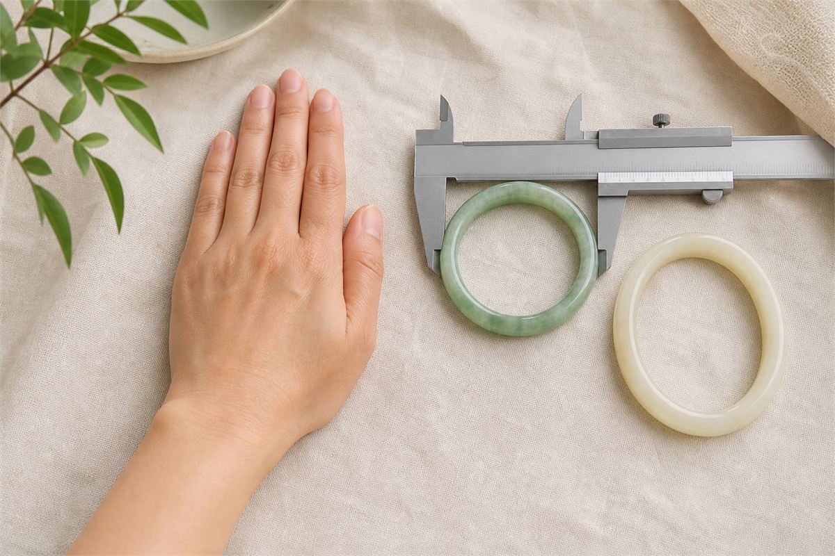 Caliper measuring the inner opening of round and oval jade bangles beside a hand