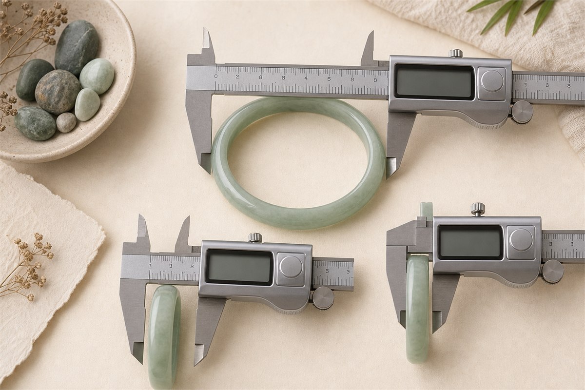 A green jade bangle shown with calipers for inner diameter, width, and thickness.