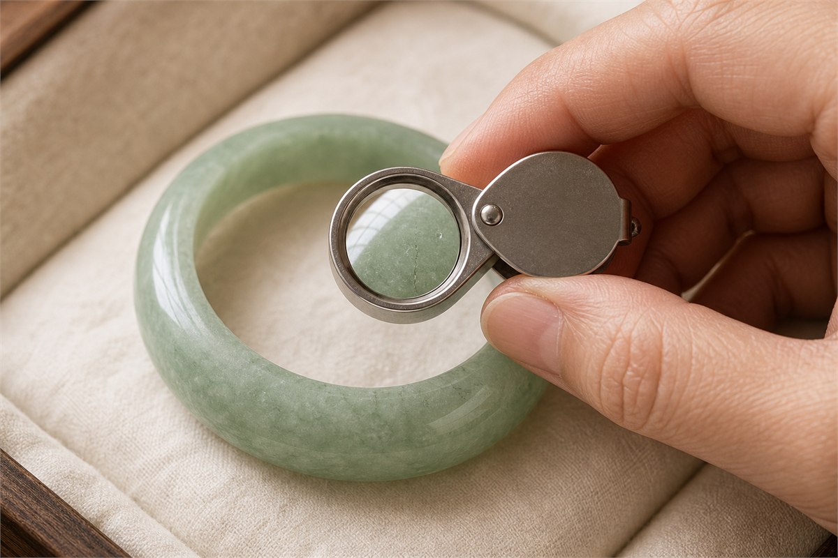 A loupe above a green jade bangle reveals fine texture, a pit, and a fracture.