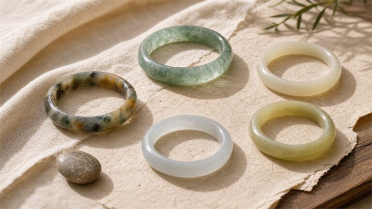 Five distinct jade bangle materials arranged on warm handmade paper.