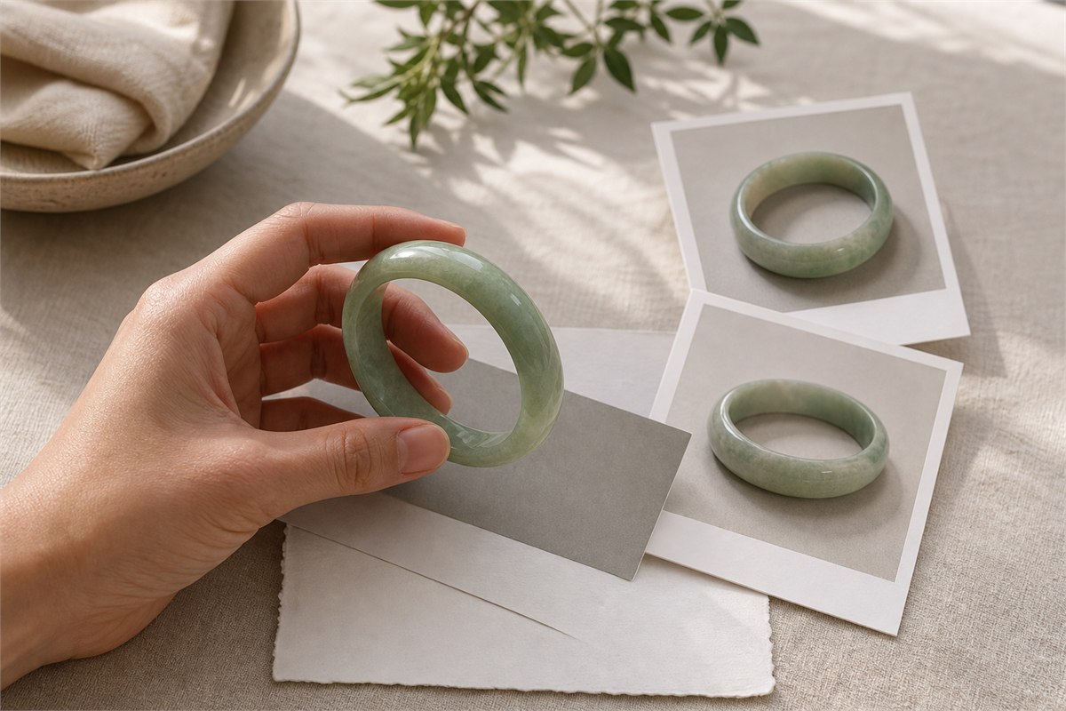 A hand rotates a green jade bangle beside neutral cards and angle photographs.