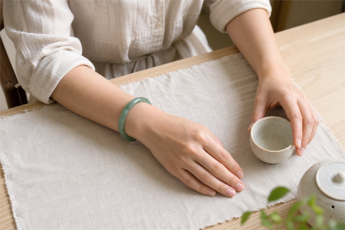 Jade bangle on a relaxed wrist while the other hand reaches for a ceramic cup