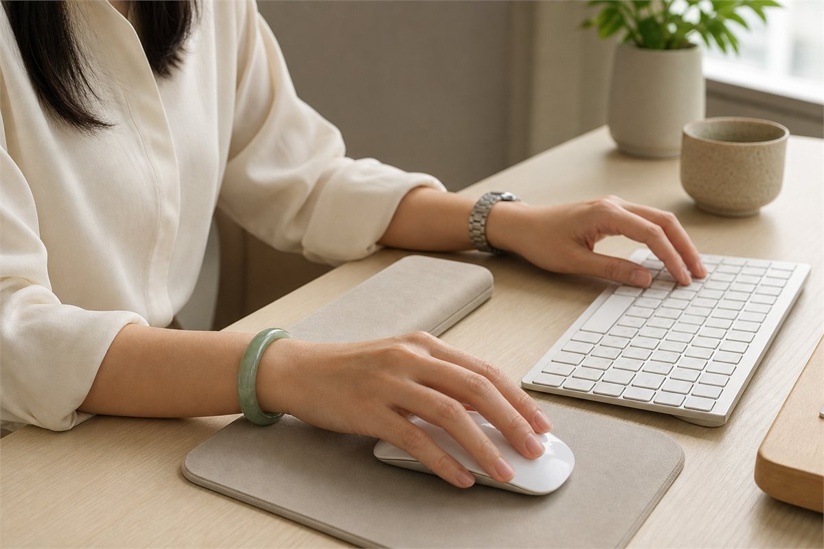 Computer user wearing a jade bangle on the mouse wrist beside a keyboard and wrist rest