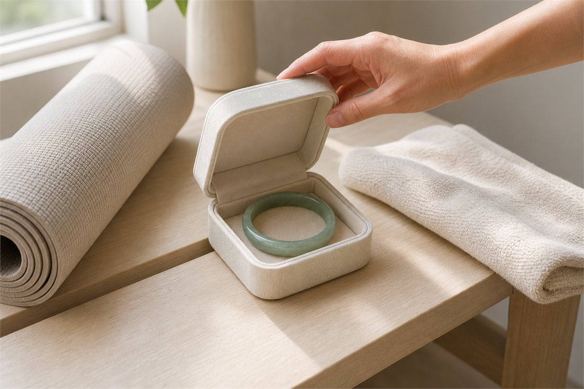 Green jade bangle stored in a padded case beside an exercise mat and towel