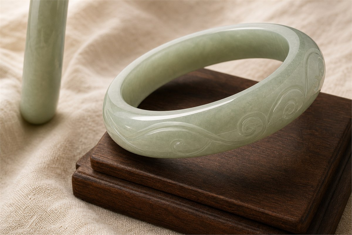 Close view of a carved pale green bangle with smooth edges and even wall thickness.