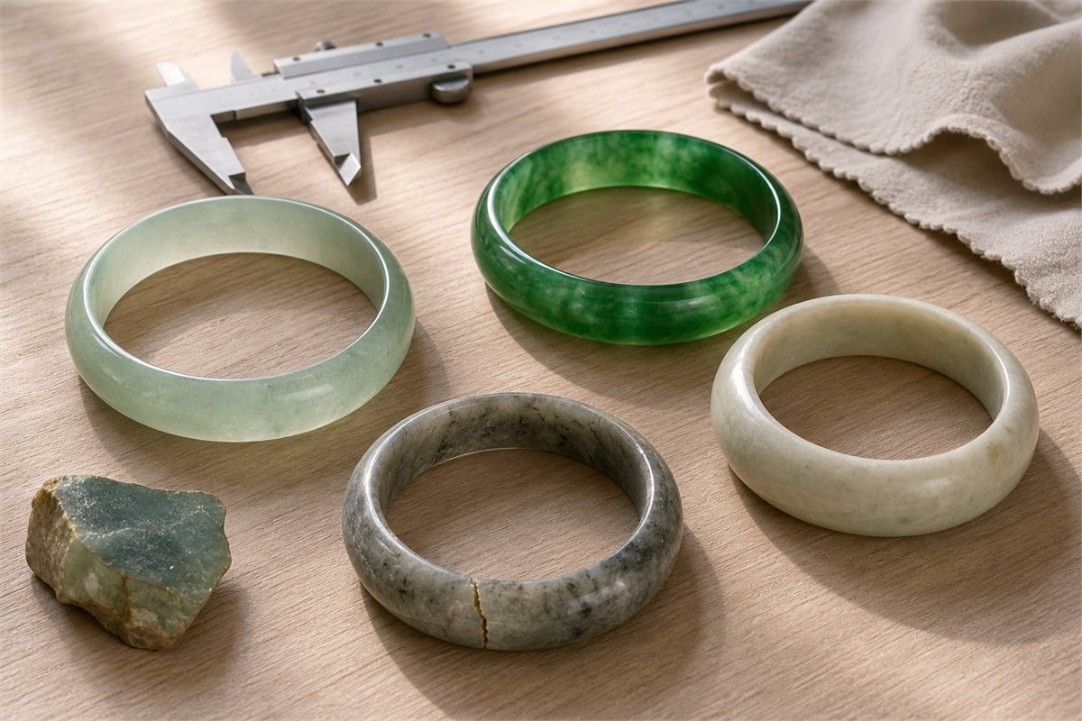 Four bangles with different color, texture, thickness, polish, and condition.