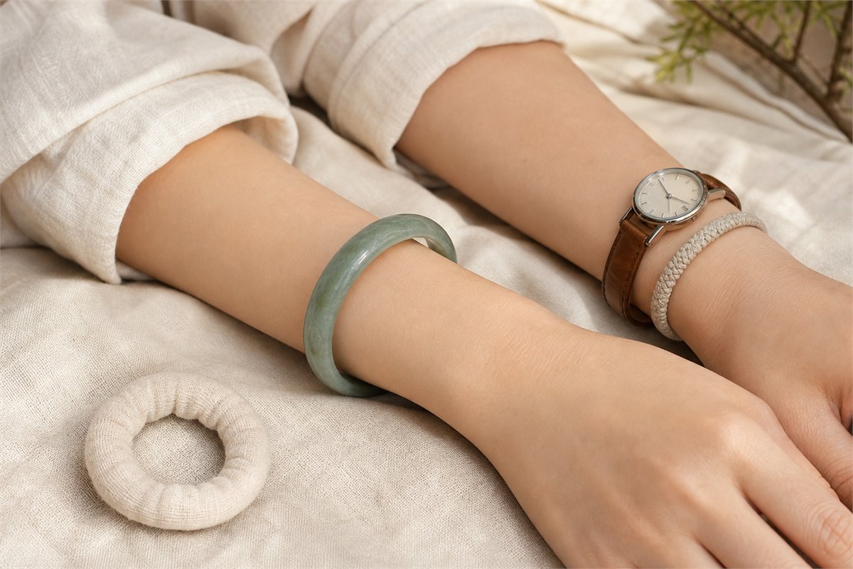 Jade bangle worn alone on one wrist with a watch and soft cord bracelet on the other