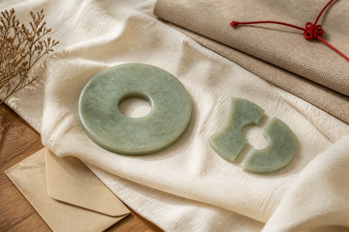 A jade bi disk and paired small jade pieces on ivory cloth with a subtle red cord.