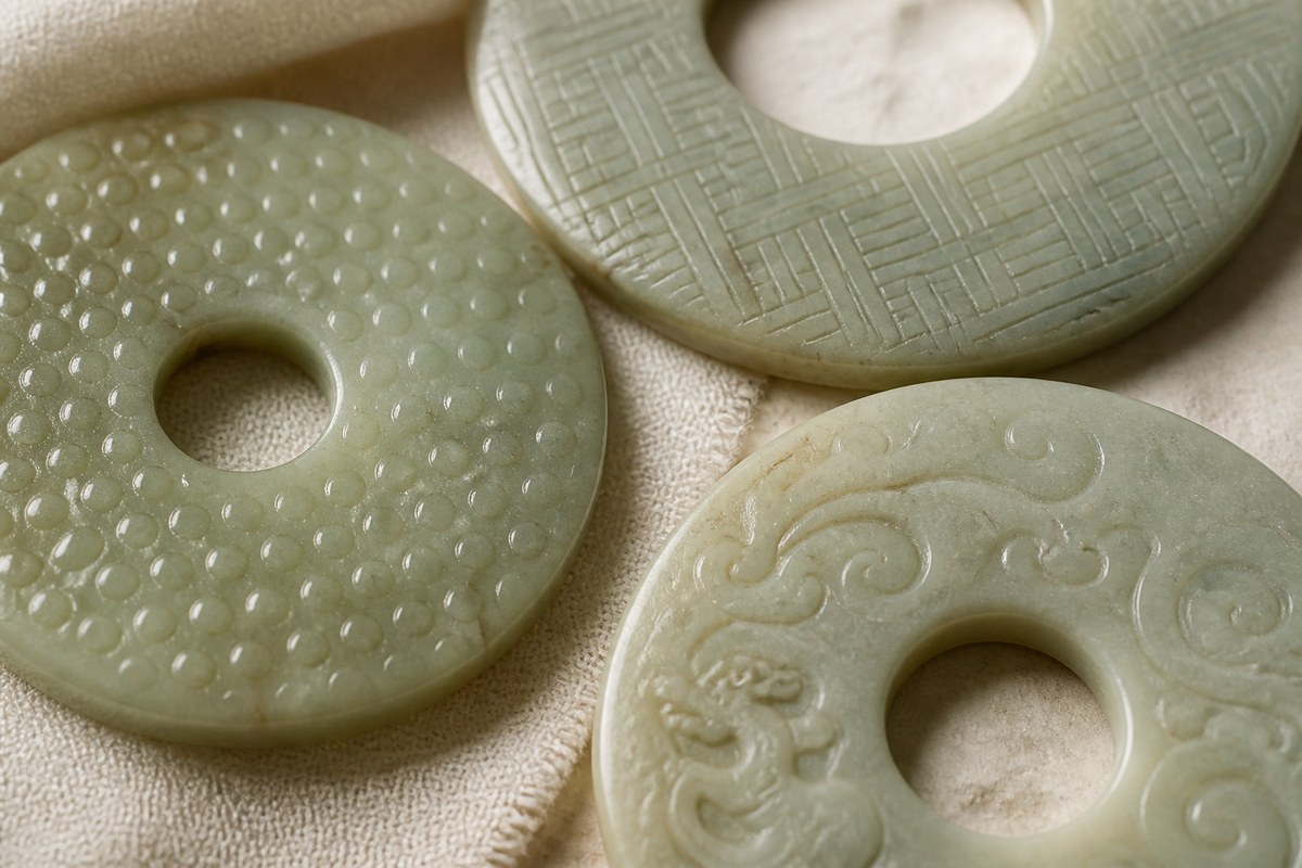 Close view of jade bi disks with raised dot, woven line, and cloud-scroll carving patterns.