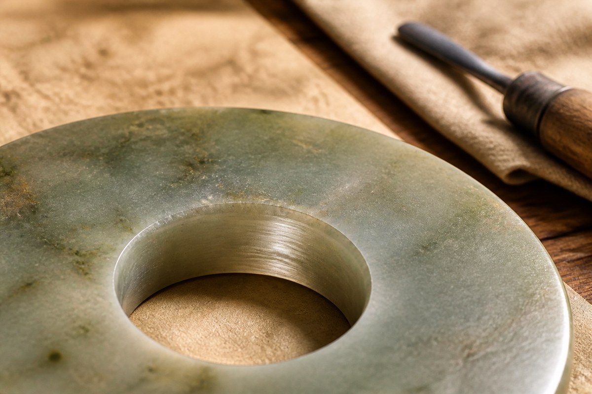 Close-up of the central hole and polished inner wall of a jade bi disk.