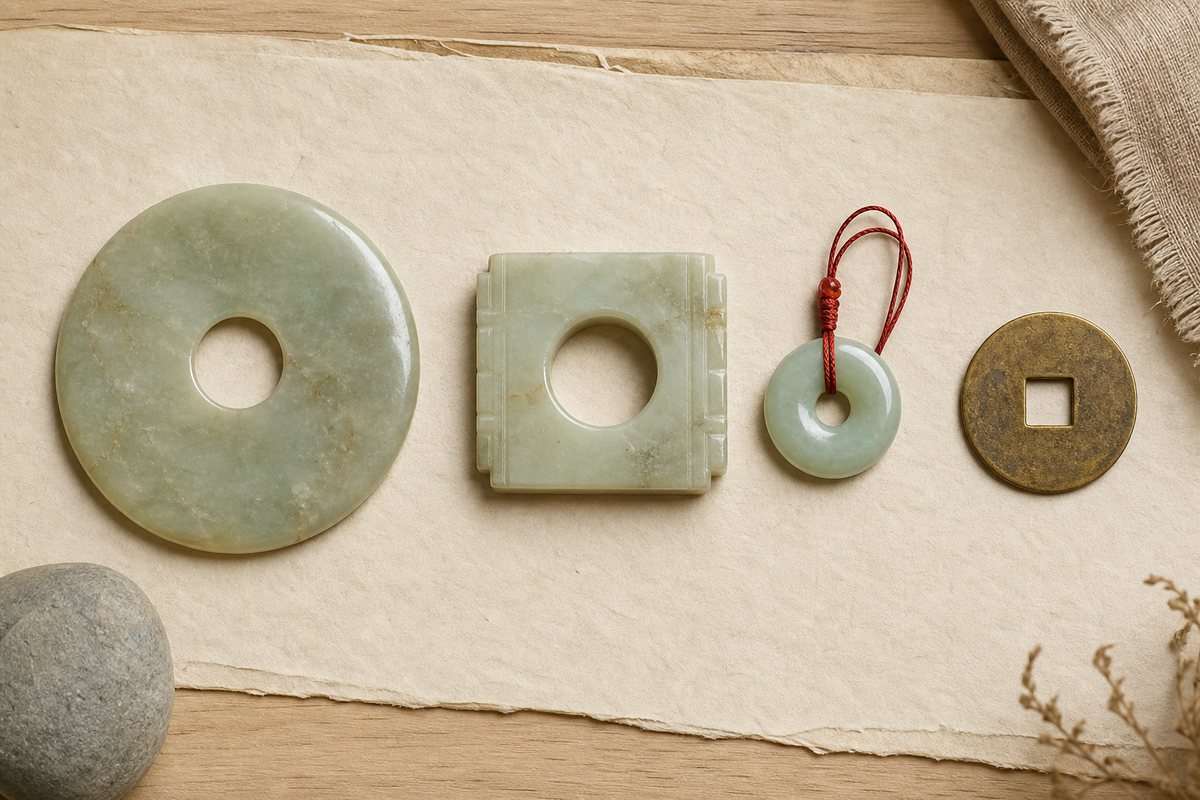 A jade bi disk, jade cong-inspired form, peace buckle pendant, and coin shape arranged on paper.