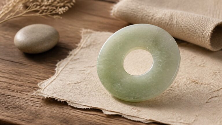 A pale green jade bi disk on warm parchment with linen and a small red cord accent.
