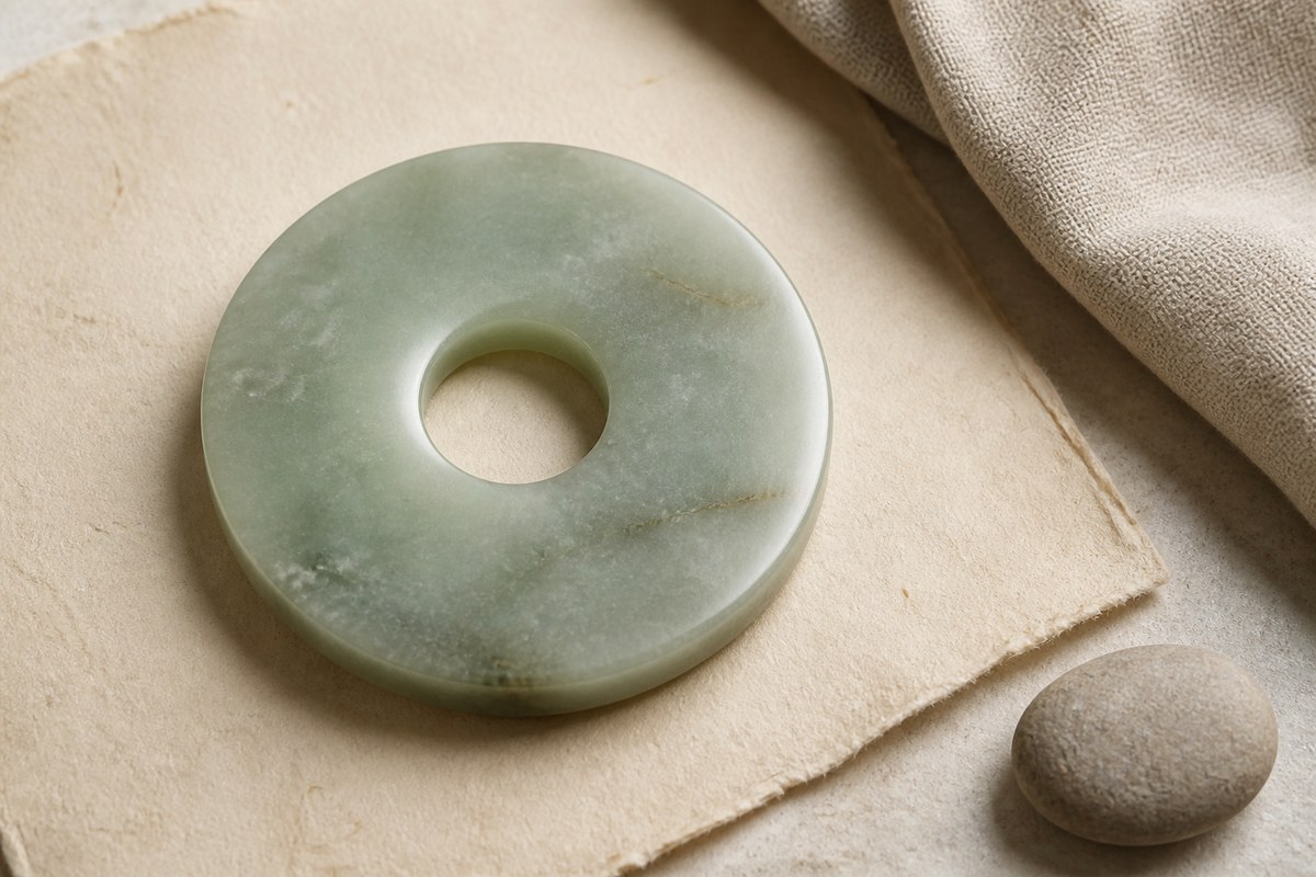 A pale green jade bi disk on parchment with a smooth stone and neutral linen.