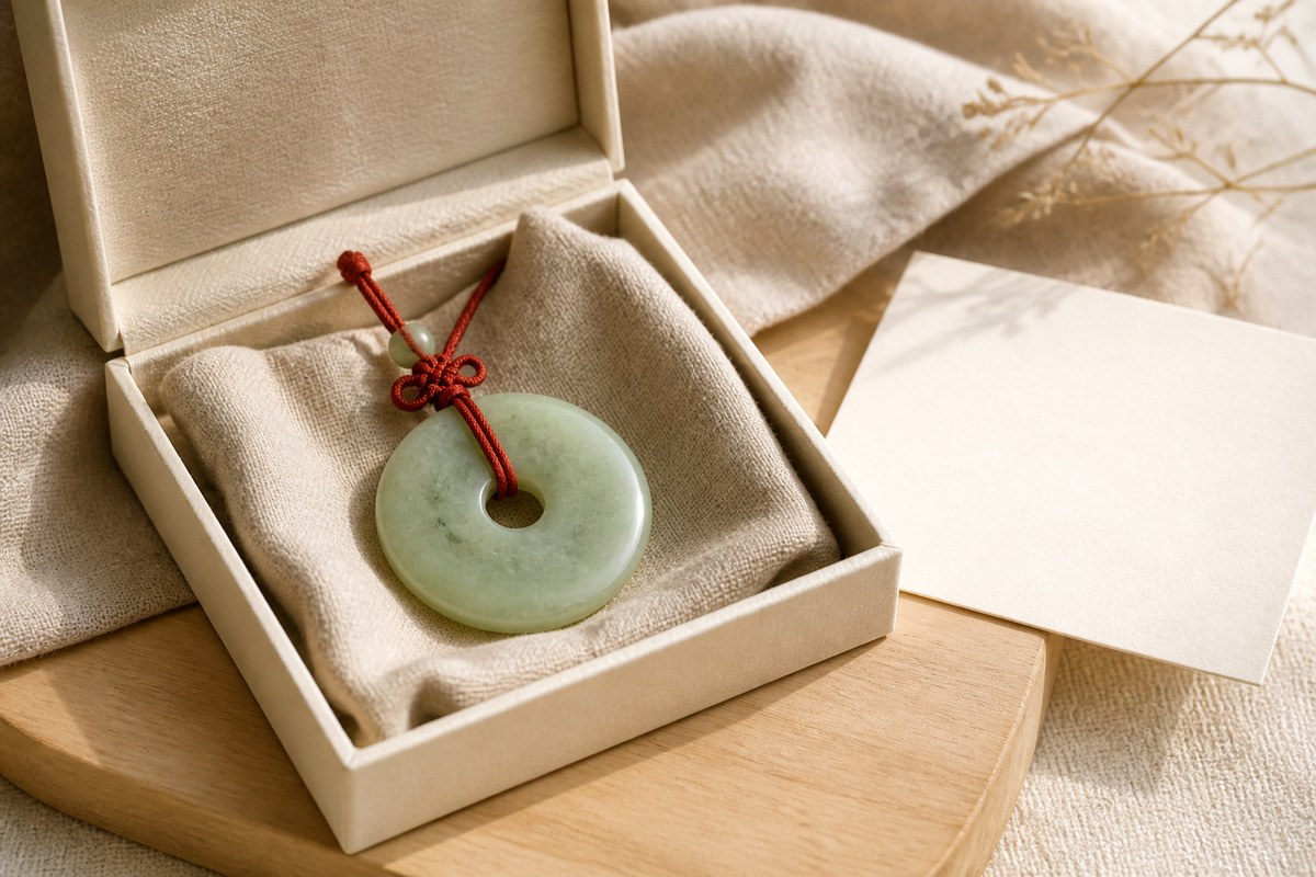 A jade bi pendant in a warm ivory gift box with a small red cord accent.