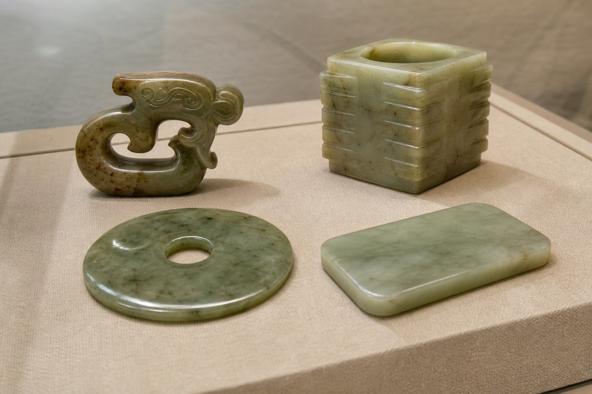 Eastern jade culture display with jade bi, jade cong, jade dragon-inspired carving, and literati jade plaque
