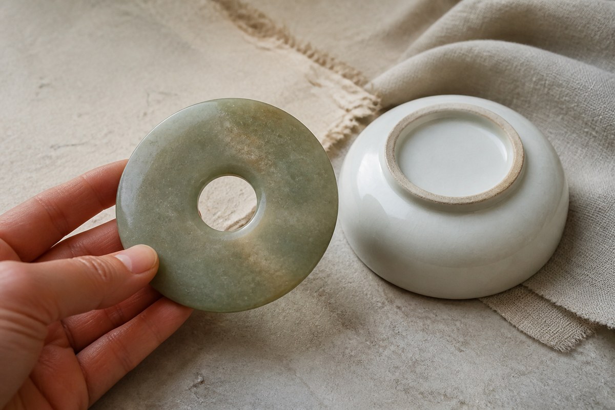 A hand holding a jade bi disk beside a white porcelain vessel foot ring.