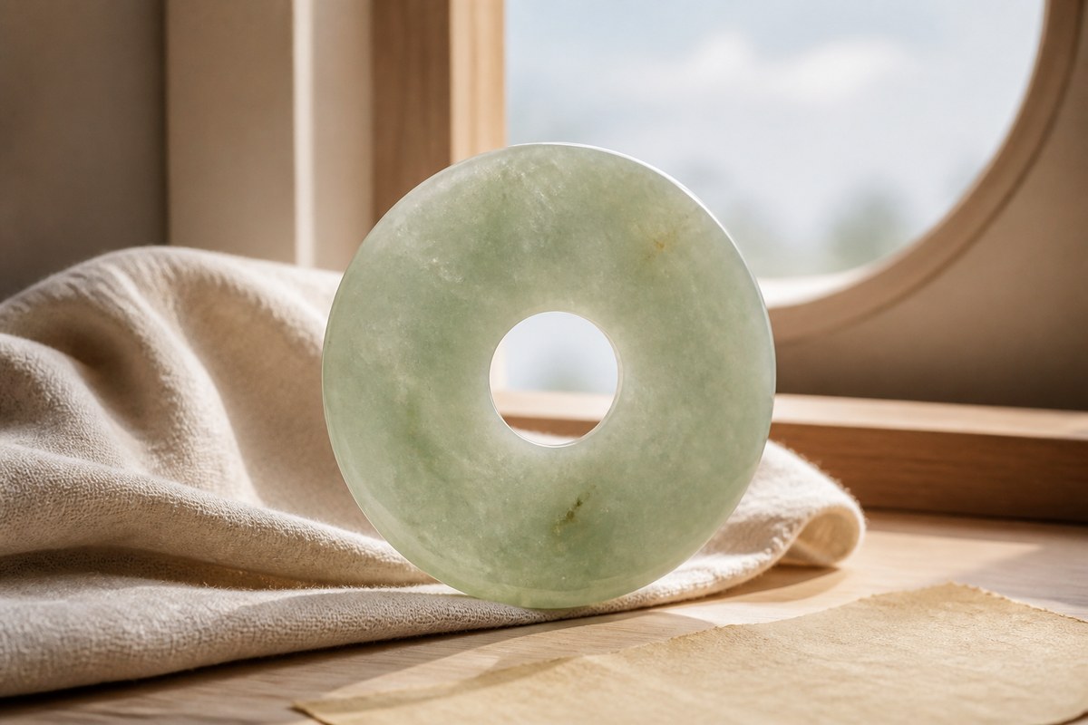 A jade bi disk standing near a window with soft daylight through its central hole.