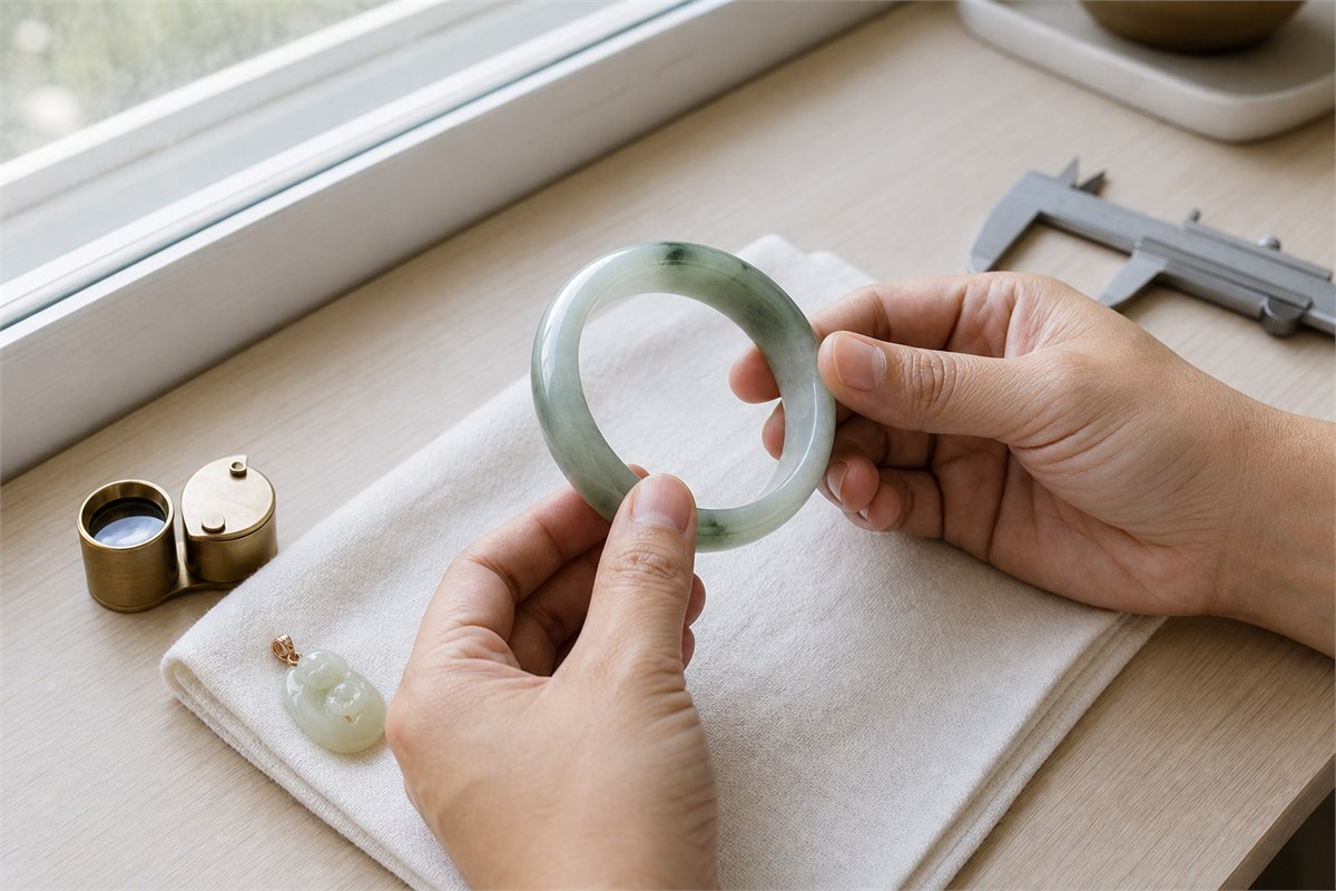 Hands turning a pale green jade bangle beside a window over a soft cloth with a loupe, pendant, and calipers nearby