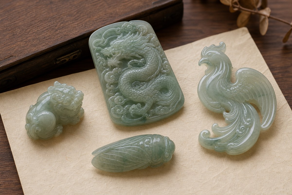 Jade carving motifs with Pixiu, dragon, phoenix, and jade cicada auspicious beast details