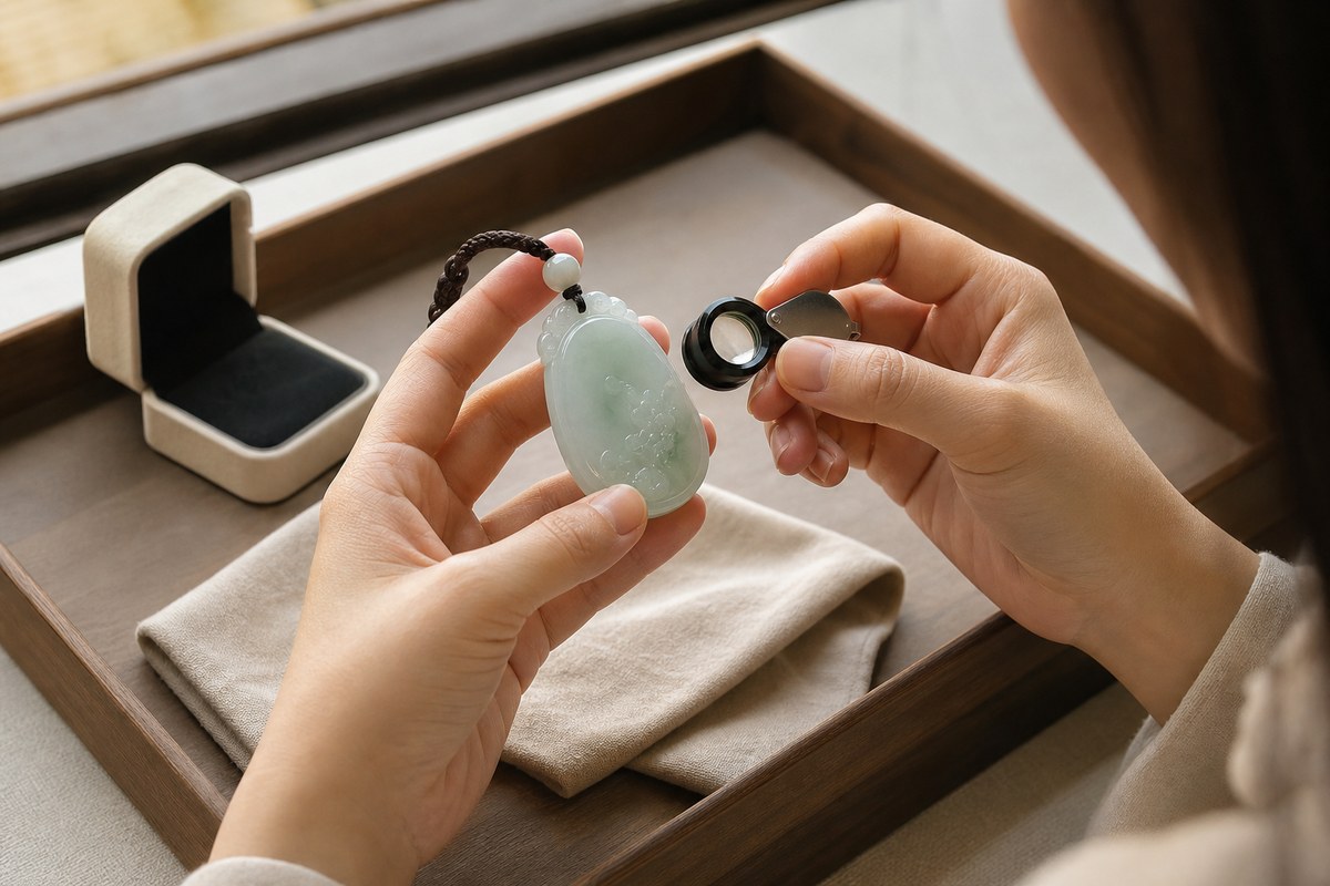 Hands inspecting a pale jade-like pendant with a loupe beside a soft cloth and simple storage box