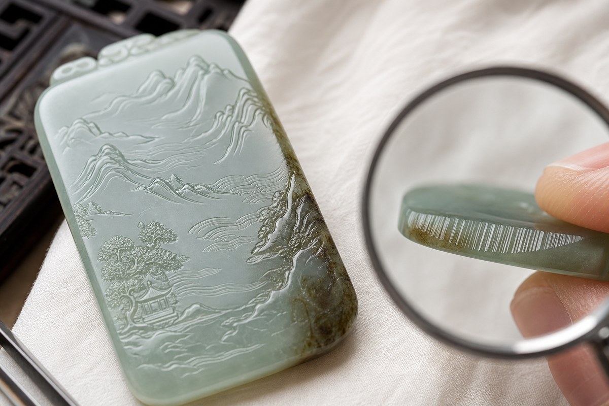 Jade carving contour line details with natural skin color boundary, shallow relief lines, and machine-carving trace inspection
