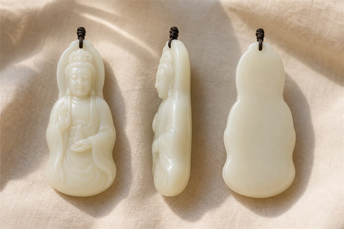 Three views of one Guanyin jade pendant showing the front, edge, and smooth back