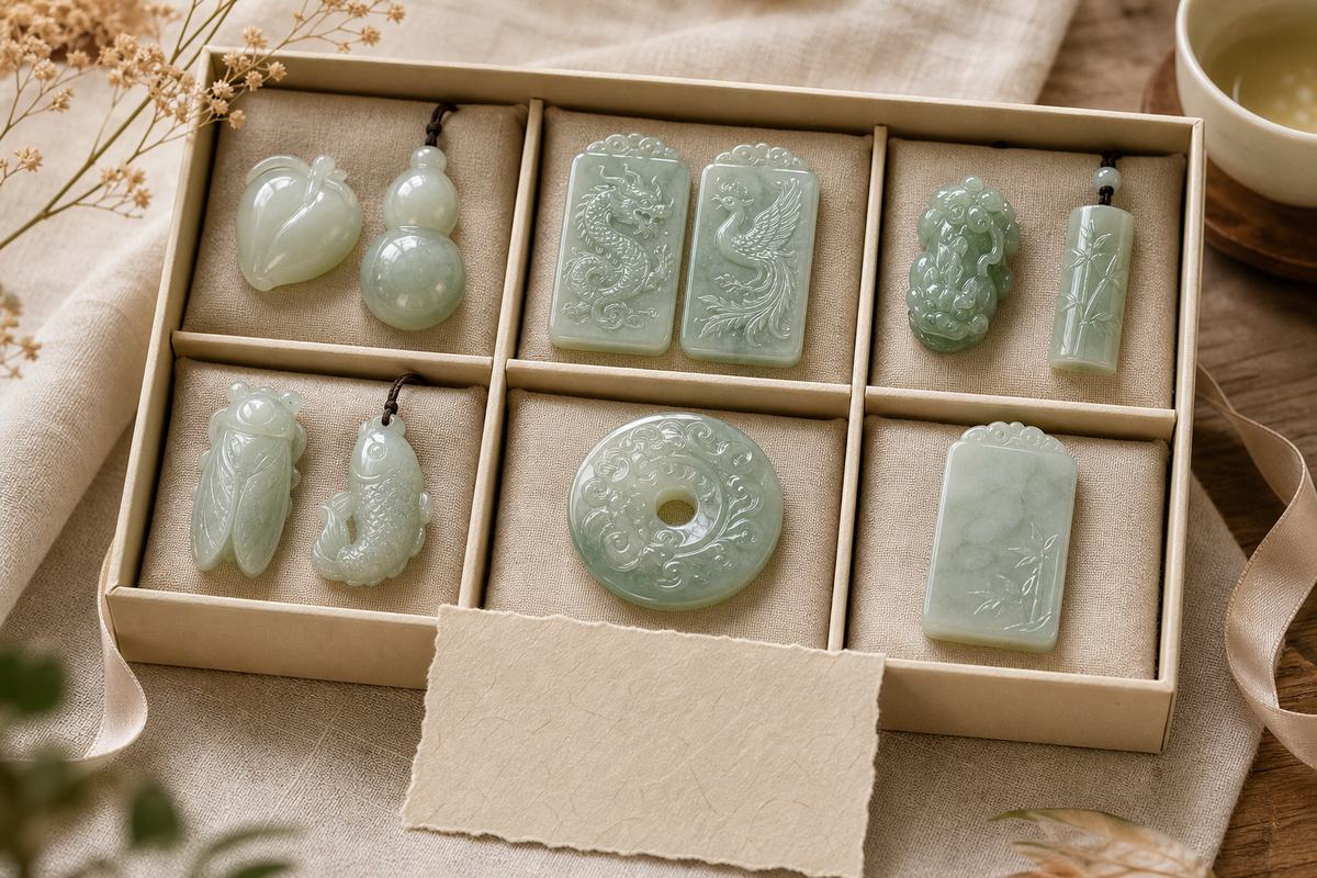 Modern Eastern jade carving gift set with auspicious motifs for elders, partners, career people, students, and general blessings