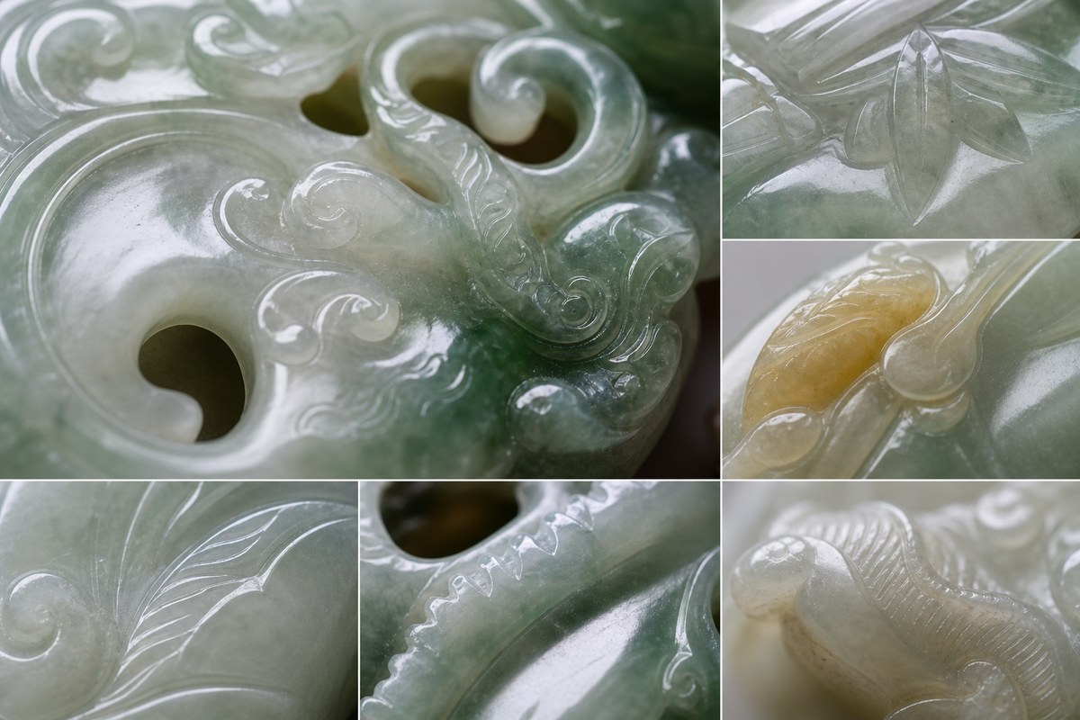 Jade carving motif details with relief, openwork, qiaose color, intaglio lines, and polished line work