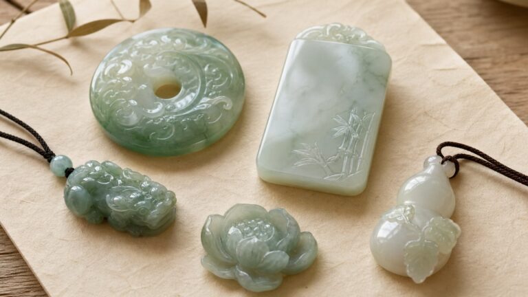 Jade carving meanings (玉雕图案寓意) shown through Ping An Kou, Wu Shi Pai, Pixiu, lotus, bamboo, and gourd motifs