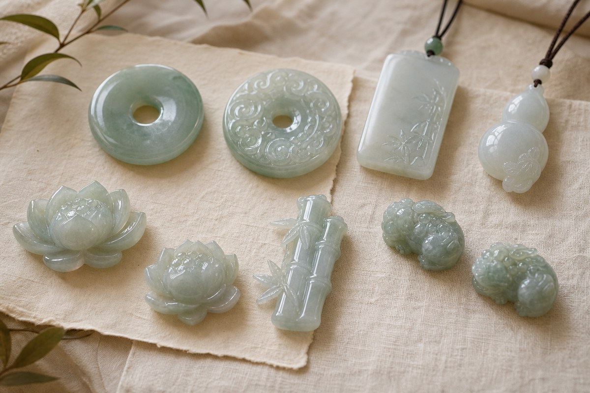 Jade carving motifs arranged as a blessing meaning overview with Ping An Kou, Wu Shi Pai, lotus, bamboo, Pixiu, and gourd