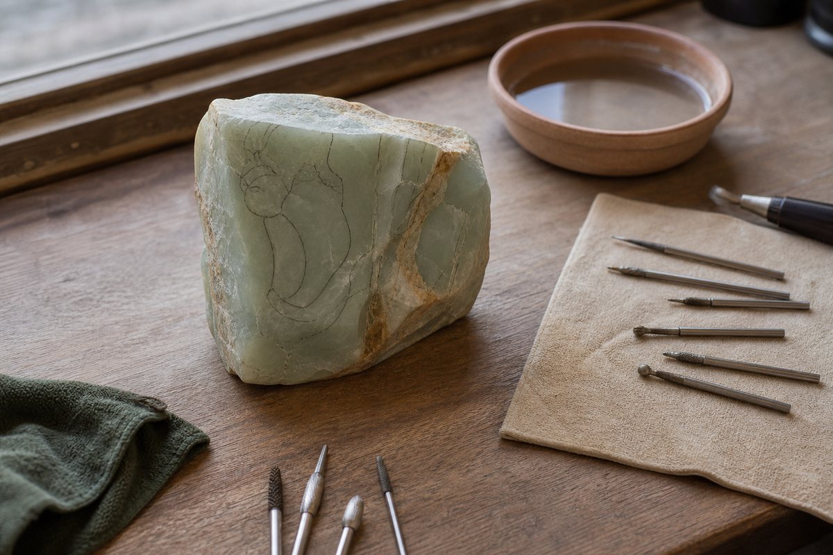 Jade-like stone with guide lines, shallow cuts, carving tools, soft cloth, and water dish on a wooden bench