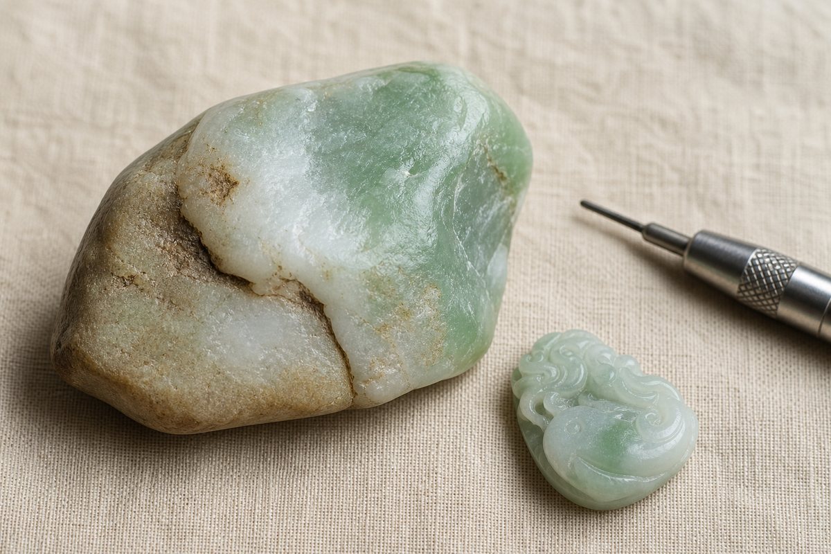 Jade-like raw stone showing shape, color zones, texture, fissure, and a natural skin-colored patch