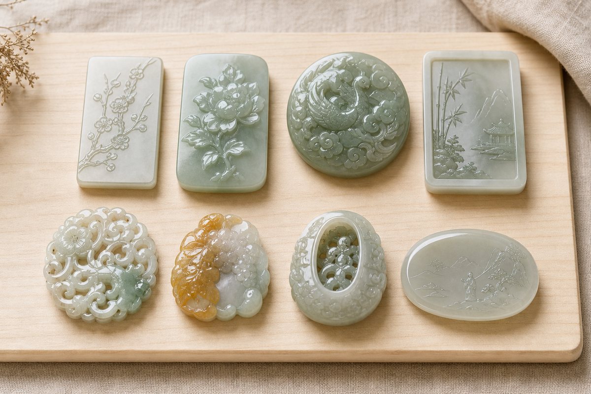 Jade carving techniques with line carving, relief, round carving, intaglio, openwork, qiaose, hollowing, and thin relief samples