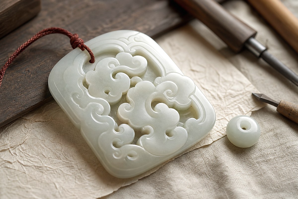 Unfinished jade cloud pendant with cord opening and simple carving tools