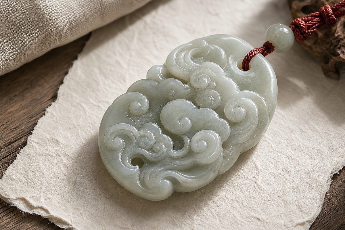 Close view of pale jade pendant carved with auspicious cloud relief