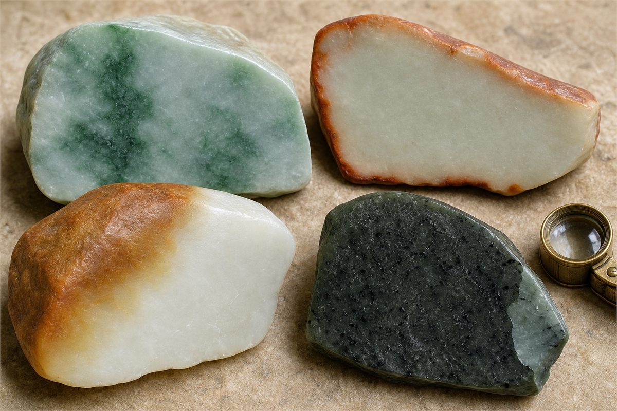 Cut jade specimens showing green zoning, orange iron-stained rims, russet skin on white nephrite, and dark mineral inclusions beside a loupe