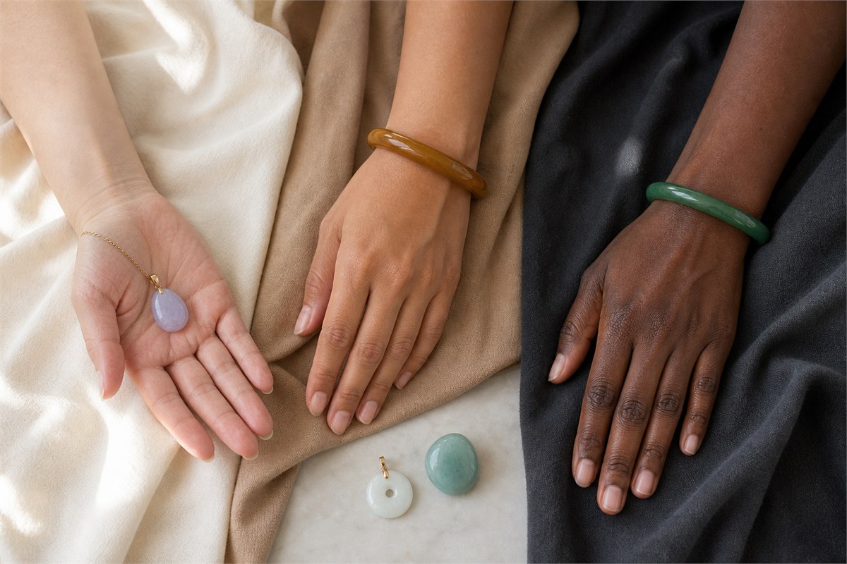 Three natural hands with varied skin tones comparing lavender, honey-brown, green, white, and celadon jade against neutral fabrics