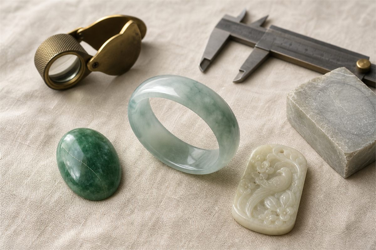 Cloudy cracked green jadeite cabochon, translucent pale jadeite bangle, carved white nephrite pendant, loupe, calipers, and carving blank