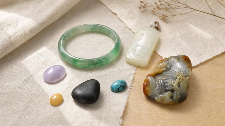 Green jadeite bangle, white nephrite pendant, colored jade cabochons, black nephrite, multicolor ornamental stone, and turquoise on ivory linen