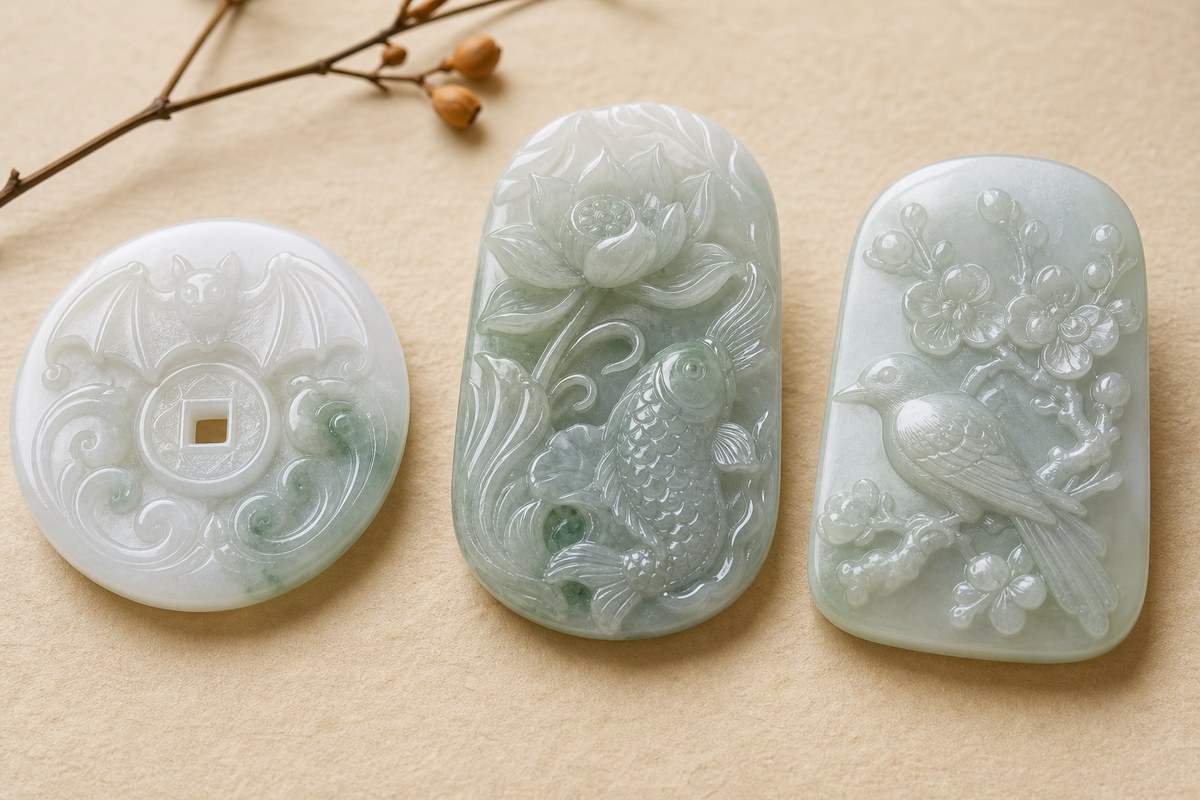 Jade carving combination motifs with bat and coin, lotus and carp, and magpie and plum blessing designs
