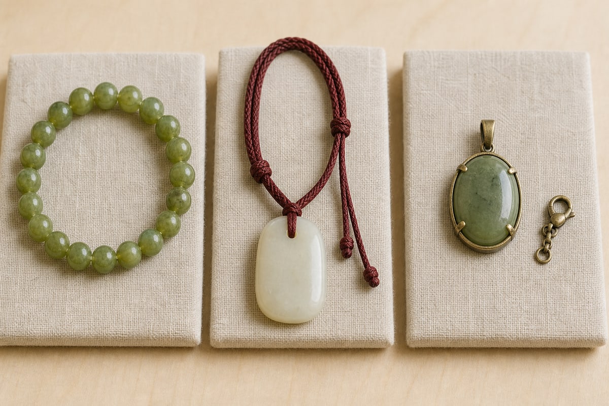 Xiuyan serpentine bead bracelet, nephrite cord pendant, and metal-set jadeite cabochon displayed on separate linen pads