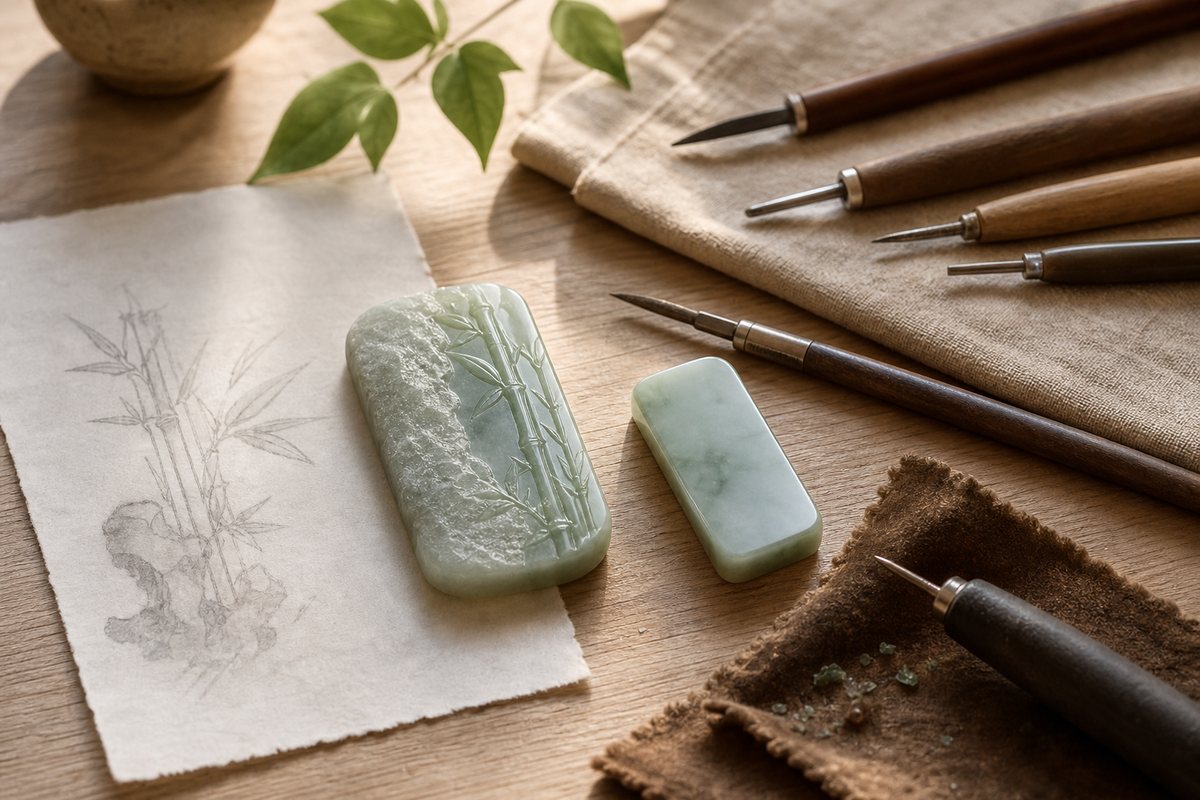 Jade carving meanings (玉雕图案寓意) workbench with a half-finished jade plaque, carving tools, and blank design paper