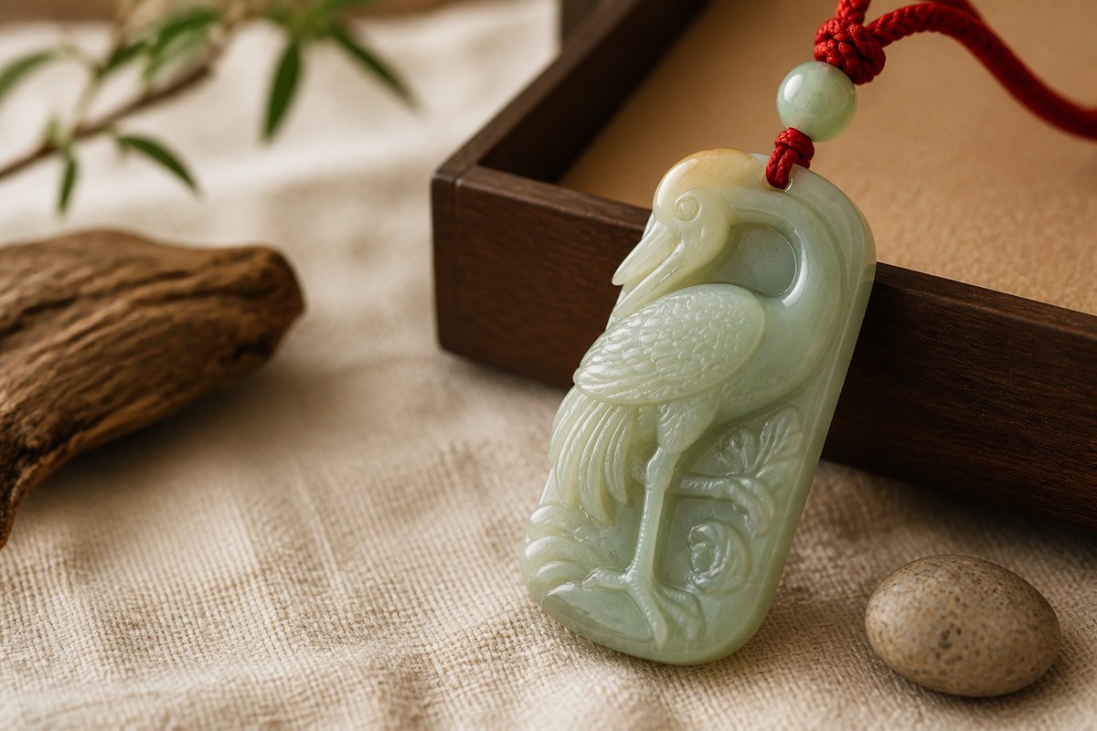 Pale jade crane pendant detail with red cord and carved feathers