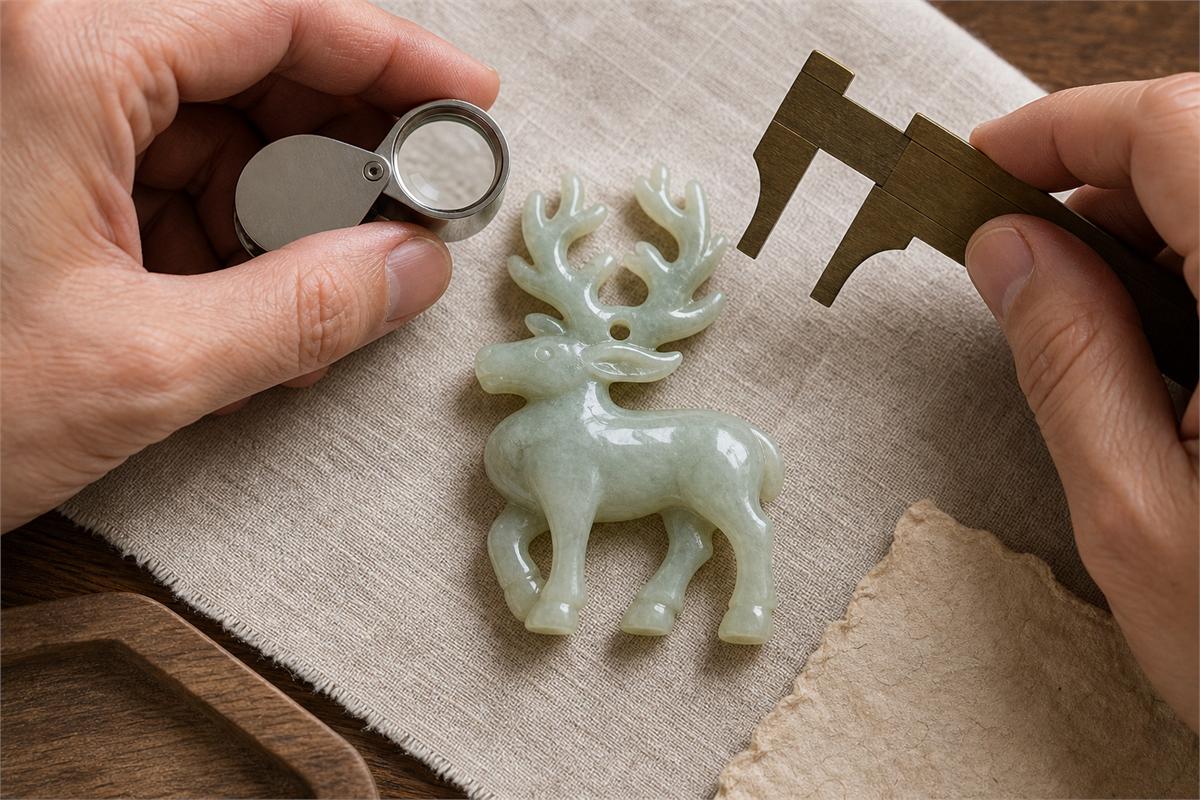 Hands use a loupe and caliper to inspect a jade stag pendant with openwork antlers and a suspension hole