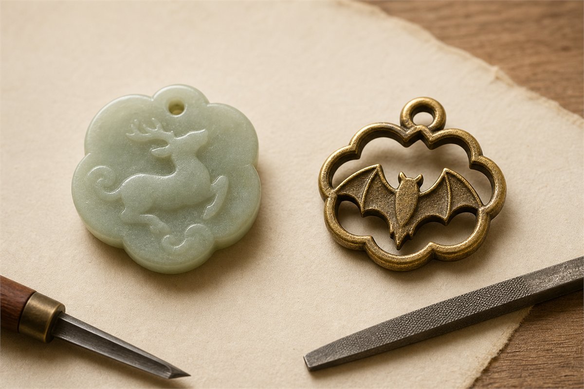 Pale carved stone deer beside a patinated brass bat ornament
