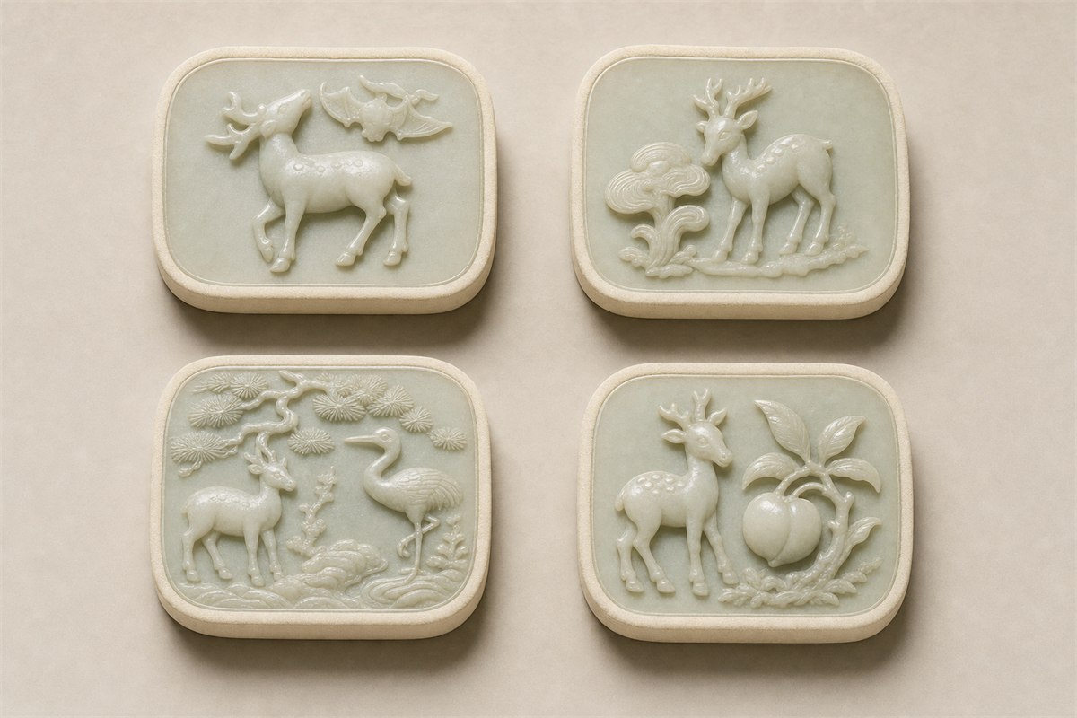 Four jade plaques pairing deer with a bat, lingzhi, crane and pine, and a peach