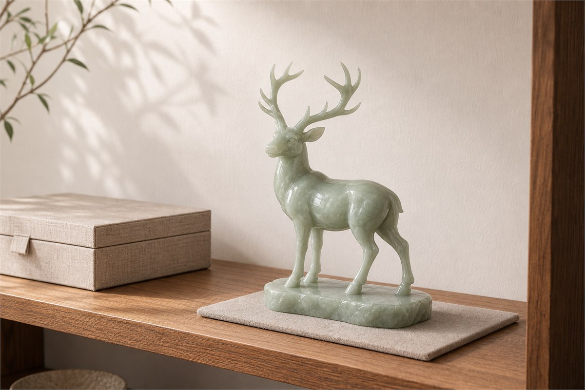 Jade stag sculpture standing on a stable base with a felt pad and clear shelf space