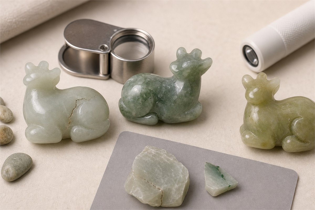 Three jade deer carvings examined with a loupe and flashlight for luster, fissures, and color distribution
