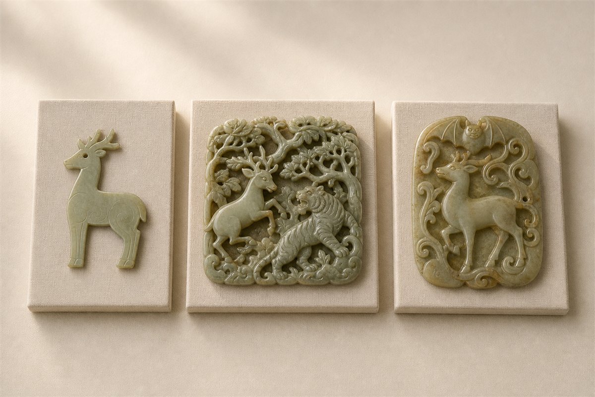 Early-style flat deer pendant, autumn-mountain tiger-and-deer plaque, and later deer-and-bat plaque on separate mounts