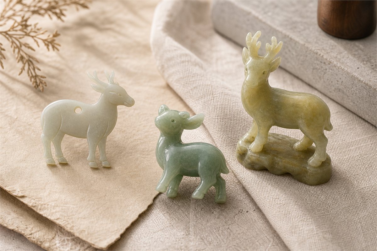 Three jade deer objects shown as a flat pendant, small charm, and freestanding carving